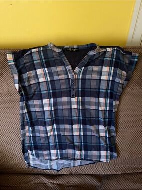Navy and Blue Plaid Button-Front Blouse